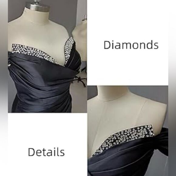 New Sexy Black Satin Off The Shoulder Pleated Long Prom Formal Dress - Picture 3 of 16